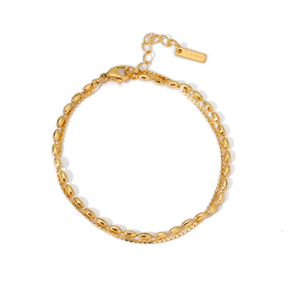 Aquabliss Double Layer Beaded Oval Link and Dainty Chain Gold-Tone Stainless Steel Bracelet