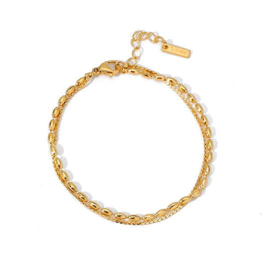 Aquabliss Double Layer Beaded Oval Link and Dainty Chain Gold-Tone Stainless Steel Bracelet