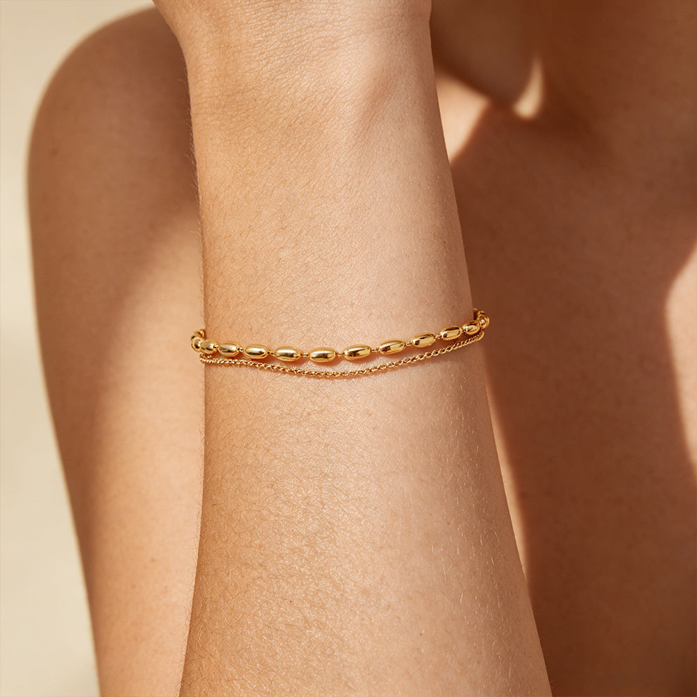 Aquabliss Double Layer Beaded Oval Link and Dainty Chain Gold-Tone Stainless Steel Bracelet