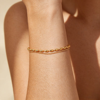 Aquabliss Double Layer Beaded Oval Link and Dainty Chain Gold-Tone Stainless Steel Bracelet