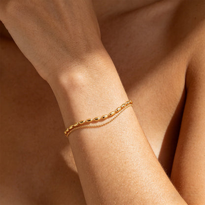 Aquabliss Double Layer Beaded Oval Link and Dainty Chain Gold-Tone Stainless Steel Bracelet