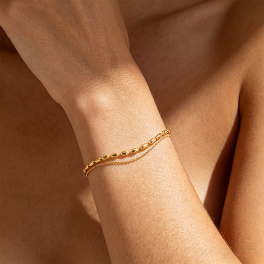 Aquabliss Double Layer Beaded Oval Link and Dainty Chain Gold-Tone Stainless Steel Bracelet