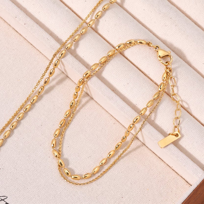 Aquabliss Double Layer Beaded Oval Link and Dainty Chain Gold-Tone Stainless Steel Bracelet