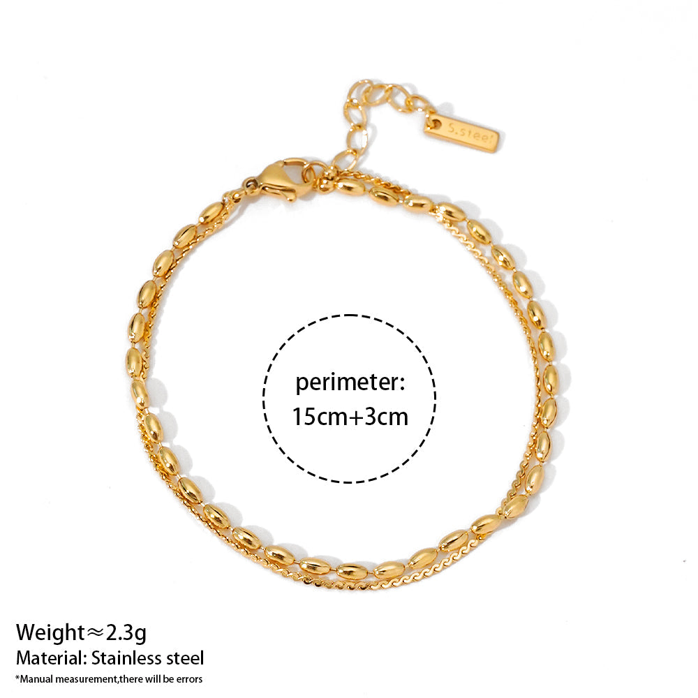 Aquabliss Double Layer Beaded Oval Link and Dainty Chain Gold-Tone Stainless Steel Bracelet