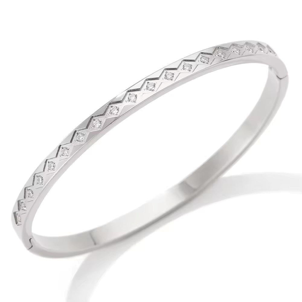 Aquabliss Silver-Tone Stainless Steel Cubic Zirconia Geometric Hinged Bangle Bracelet