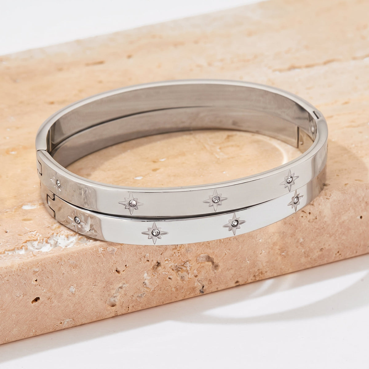 Aquabliss Silver-Tone Stainless Steel Celestial Star Cubic Zirconia Hinged Bangle Bracelet
