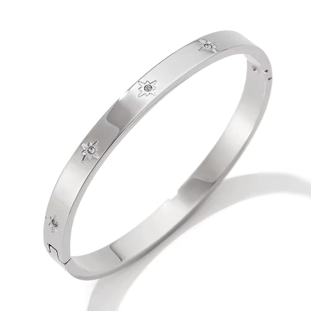 Aquabliss Silver-Tone Stainless Steel Celestial Star Cubic Zirconia Hinged Bangle Bracelet