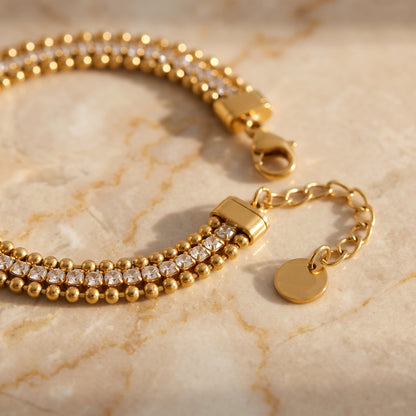 Aquabliss Gold-Tone Stainless Steel 3-Row Bead and Cubic Zirconia Tennis Bracelet