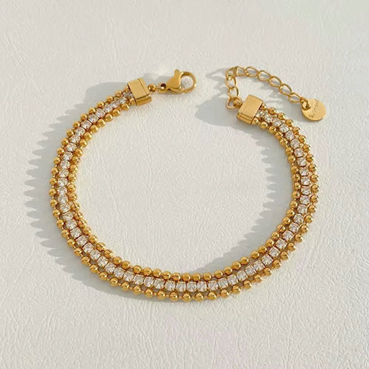 Aquabliss Gold-Tone Stainless Steel 3-Row Bead and Cubic Zirconia Tennis Bracelet