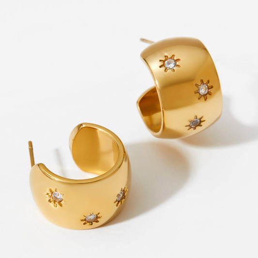 Aquabliss Chunky Gold-Tone Stainless Steel Starburst Cubic Zirconia Wide C Hoop Earrings