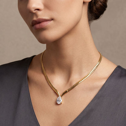 Aquabliss Gold-Tone Stainless Steel Herringbone Chain Teardrop Pendant V-Necklace