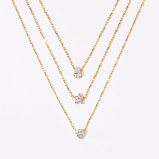 Aquabliss Triple Layer Gold-Tone Stainless Steel Necklace with Teardrop, Star, and Heart Pendants